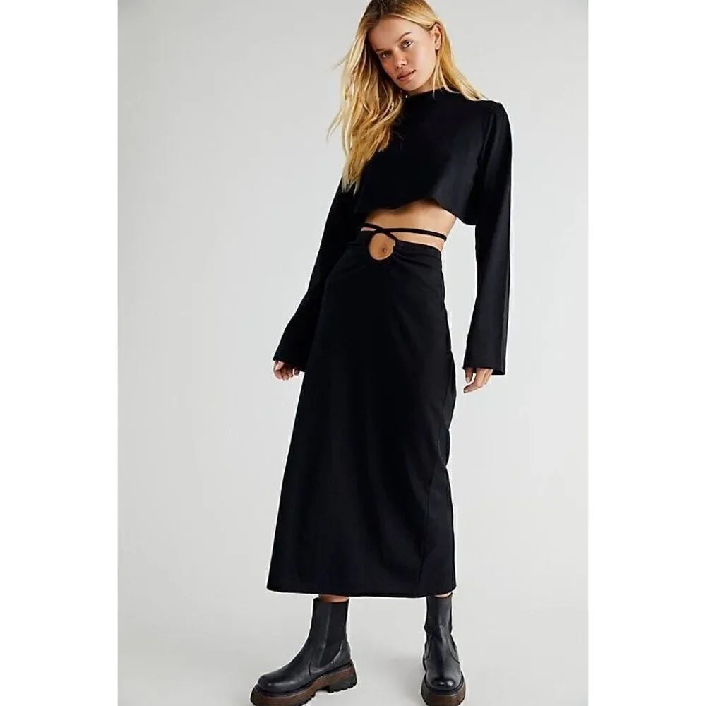 NWT FREE PEOPLE WALK THIS WAY SKIRT SET CROP TOP MIDI CUTOUT SKIRT BLACK